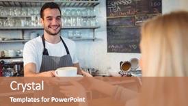  Presentation with happy young student girl holding - Theme having counter - happy young barista serving coffee background and a coral colored foreground