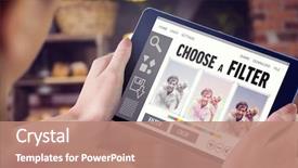  Presentation with college coffee shop - Theme having counter - woman using tablet pc background and a  colored foreground