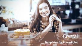  Presentation with waitress - Colorful presentation theme enhanced with portrait of waitress standing at counter with desserts in cafe backdrop and a coral colored foreground