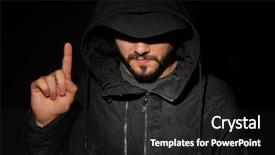  Presentation with hacker - Cool new PPT layouts with countermeasure - hacker pushing button on virtual backdrop and a dark gray colored foreground