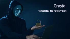  Presentation with hacker - Slide deck enhanced with countermeasure - hacker with lock using laptop background and a navy blue colored foreground