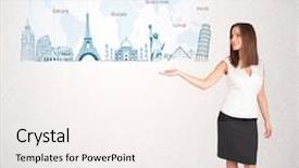  Presentation with woman world - Presentation theme consisting of countries aroud world - business woman presenting map background and a sky blue colored foreground