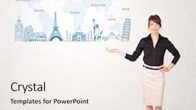  Presentation with business road map - Audience pleasing slide set consisting of countries aroud world - business woman presenting map backdrop and a sky blue colored foreground