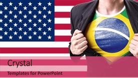  Presentation with american flag - Cool new presentation design with countries contract - businessman stretching suit with brazilian backdrop and a coral colored foreground