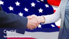  Presentation with american flag - Slide set featuring countries handshaking - corporate people doing handshake background and a navy blue colored foreground