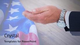  Presentation with american flag - Slide set having countries handshaking - cupping hands against american flag background and a light blue colored foreground
