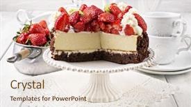  Presentation with yellow bread cake - Audience pleasing PPT theme consisting of country chic - strawberry cheese cake backdrop and a sky blue colored foreground