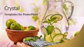 Presentation with glue - Audience pleasing theme consisting of country drink on wooden boards is glass jug with transparent drink and lime glue bowl a drink number thirty one with ice cubes country life light background backdrop and a lemonade colored foreground