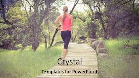  Presentation with path in woods - Presentation design consisting of country fair - blonde athlete jogging on wooden background and a soft green colored foreground