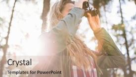  Presentation with country fair - PPT layouts consisting of country fair - blonde hiker looking through binoculars background and a coral colored foreground
