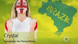  Presentation with england football - Amazing PPT theme having country fair - excited fan england in face backdrop and a yellow colored foreground