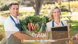  Presentation with vegan organic farming - Colorful presentation design enhanced with country fair - farmer couple holding a vegetable backdrop and a coral colored foreground