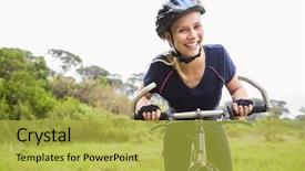  Presentation with mountain bike - Presentation consisting of country fair - portrait of smiling athletic blonde background and a yellow colored foreground