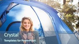  Presentation with tent - PPT layouts having country fair - pretty blonde camper smiling background and a ocean colored foreground