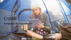  Presentation with rv travel rv camper - PPT theme having country fair - pretty blonde camper using tablet background and a seafoam green colored foreground