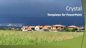  Presentation with country western - Slide deck having country-houses-with-stormy-sky background and a teal colored foreground