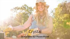  Presentation with vegetables - PPT theme enhanced with country life time - gardener woman holding a basket background and a coral colored foreground