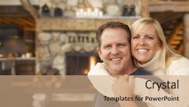  Presentation with log cabin - Colorful presentation enhanced with country living - happy affectionate couple at rustic backdrop and a coral colored foreground