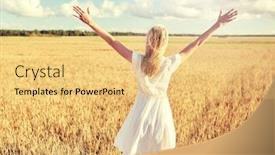  Presentation with cereal - Slide set with country nature summer holidays vacation and people concept - happy young woman in white dress on cereal field background and a yellow colored foreground