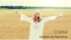  Presentation with cereal - Presentation theme having country nature summer holidays vacation and people concept - smiling young woman in white dress on cereal field background and a yellow colored foreground