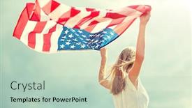  Presentation with independence day - Audience pleasing PPT theme consisting of country patriotism independence day and people concept - happy smiling young woman in white dress with national american flag outdoors backdrop and a mint green colored foreground
