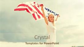  Presentation with independence day - Slide set with country patriotism independence day and people concept - happy smiling young woman in white dress with national american flag on cereal field background and a soft green colored foreground