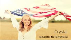  Presentation with independence - Presentation with country patriotism independence day and people concept - happy smiling young woman in white dress with national american flag on cereal field background and a blonde colored foreground