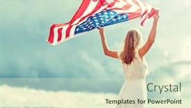  Presentation with independence day - Presentation theme consisting of country patriotism independence day and people concept - happy young woman in white dress with national american flag on cereal field background and a soft green colored foreground