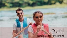  Presentation with nature river - Presentation theme with couple-adventurous-explorer-friends background and a coral colored foreground