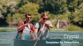  Presentation with explorer - Presentation theme with couple-adventurous-explorer-friends background and a ocean colored foreground