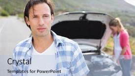 Presentation with vehicle breakdown - Presentation theme consisting of couple after a car breakdown background and a light blue colored foreground