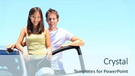  Presentation with twenties - Amazing slides having free insurance - couple and new car smiling backdrop and a sky blue colored foreground