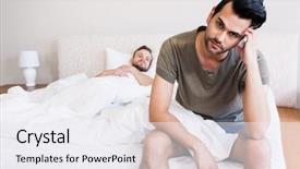  Presentation with 3d man sitting question mark - PPT theme consisting of couple argument - thoughtful man sitting on bed background and a sky blue colored foreground