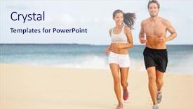  Presentation with young healthy people - Beautiful presentation design featuring couple asian woman caucasian man backdrop and a sky blue colored foreground