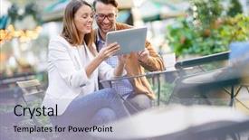  Presentation with using digital tablet - PPT layouts having couple at bryant park using digital tablet background and a light blue colored foreground