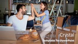  Presentation with coffee shop - Audience pleasing slide deck consisting of couple-at-coffee-shop-smiling backdrop and a tawny brown colored foreground