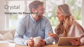  Presentation with using digital tablet - Cool new presentation with couple-at-home-buying-products backdrop and a soft green colored foreground