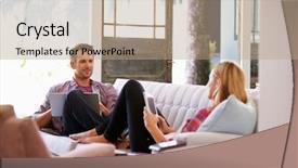  Presentation with lounge - Colorful presentation theme enhanced with couple at home on sofa in lounge using digital devices backdrop and a coral colored foreground