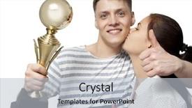  Presentation with gold trophy - Audience pleasing PPT layouts consisting of couple award - man holding up a gold backdrop and a  colored foreground