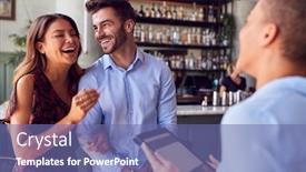  Presentation with using digital tablet - PPT layouts having couple-being-greeted-by-maitre background and a ocean colored foreground