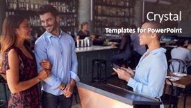  Presentation with using digital tablet - PPT theme featuring couple-being-greeted-by-maitre background and a tawny brown colored foreground