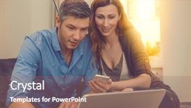  Presentation with online shopping - Slide set featuring couple booking shopping online with smartphone and notebook background and a coral colored foreground