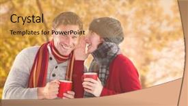  Presentation with tranquil - Audience pleasing slides consisting of couple both having warm drinks against tranquil autumn scene in forest backdrop and a yellow colored foreground