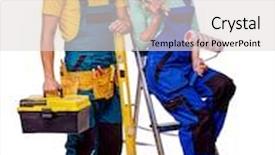  Presentation with construction tools - Slides enhanced with couple builder in orange helmet with construction tools isolated background and a light gray colored foreground