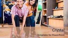  Presentation with retail store telco - Slide set having couple buying shoes in store background and a coral colored foreground