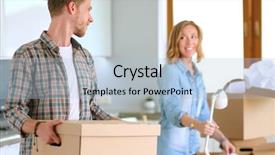  Presentation with new home - Colorful PPT layouts enhanced with couple carrying big cardboard box backdrop and a light blue colored foreground