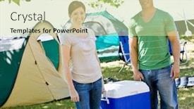  Presentation with campsite - Presentation theme featuring couple-carrying-cooler-at-campsite background and a soft green colored foreground