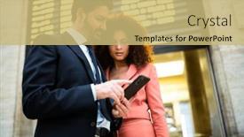  Presentation with station - Presentation theme having couple-checking-trains-time-schedule background and a yellow colored foreground