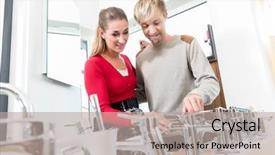  Presentation with low angle view of fictitious - Presentation design consisting of couple choosing a new faucet background and a mint green colored foreground