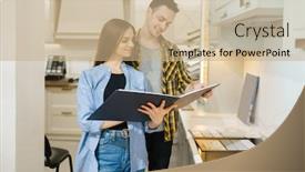  Presentation with kitchen furniture - Audience pleasing presentation theme consisting of couple-choosing-kitchen-garniture-furniture backdrop and a coral colored foreground